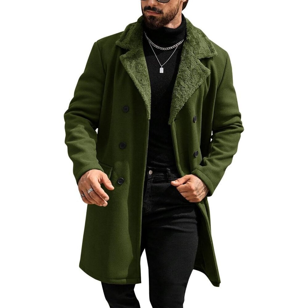 Men's Green Trench Coat Double Breasted Notched Collar Fleece Jacket Slim